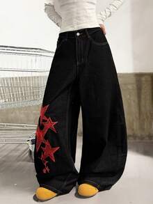 1pc Women's Vintage Street-Style Embroidered Curved Knife Loose Wide-Leg Jeans, Versatile For All Seasons (This Product Does Not Include Belt/Accessories) Spring Casual Black - Black - View 8