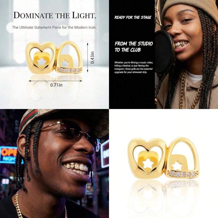 2 PCS Grills For Your Teeth Grillz Teeth Men Hip Hop Gold Tooth Cap Fake Grillz Mouth Teeth 90s Accessories For Women - 如圖 - 查看 1