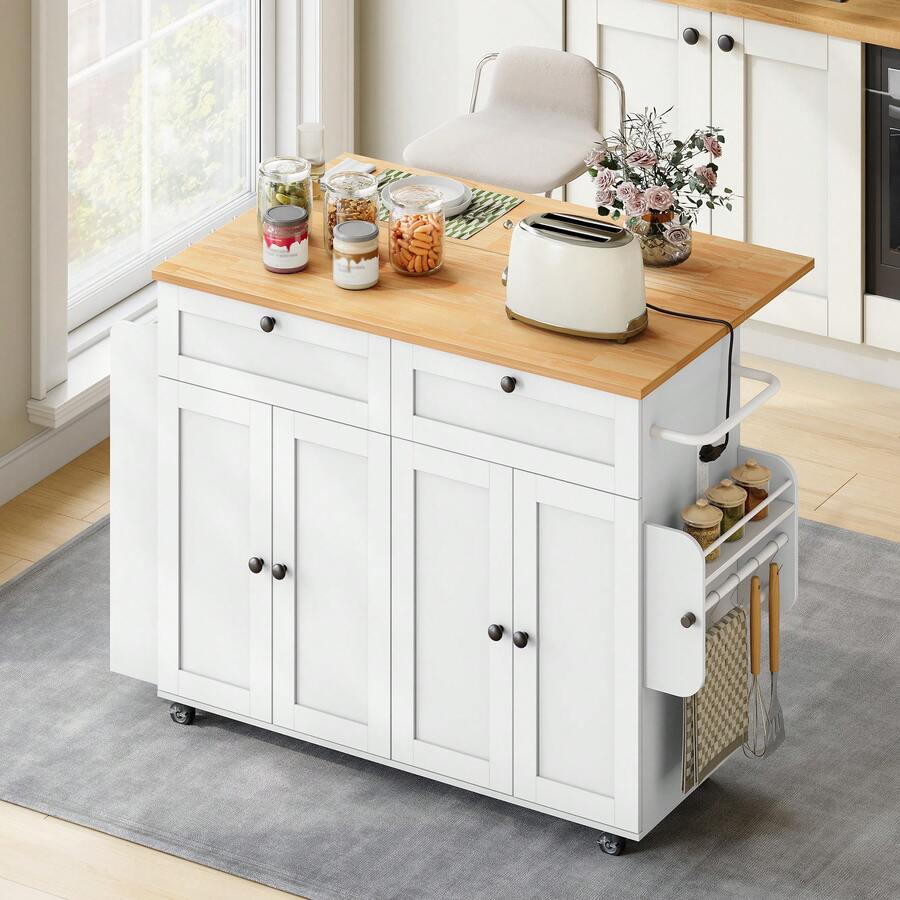 HaluPeit Kitchen Island, Rolling Kitchen Island Table On Wheels With Drop Leaf, Portable Mobile Storage Cabinet With Power Outlet, Spice Rack, Towel Rack, Drawers - 白色 - 查看 1