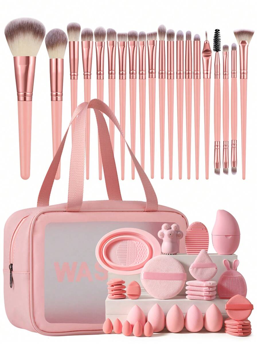 开斋节52件/5件套完整化妆刷套装，包含20支柔软化妆刷，例如：散粉刷、腮红刷、轮廓刷、高光刷、粉底刷、鼻影刷、眼影刷、眉刷。 - 粉色 - 查看 1
