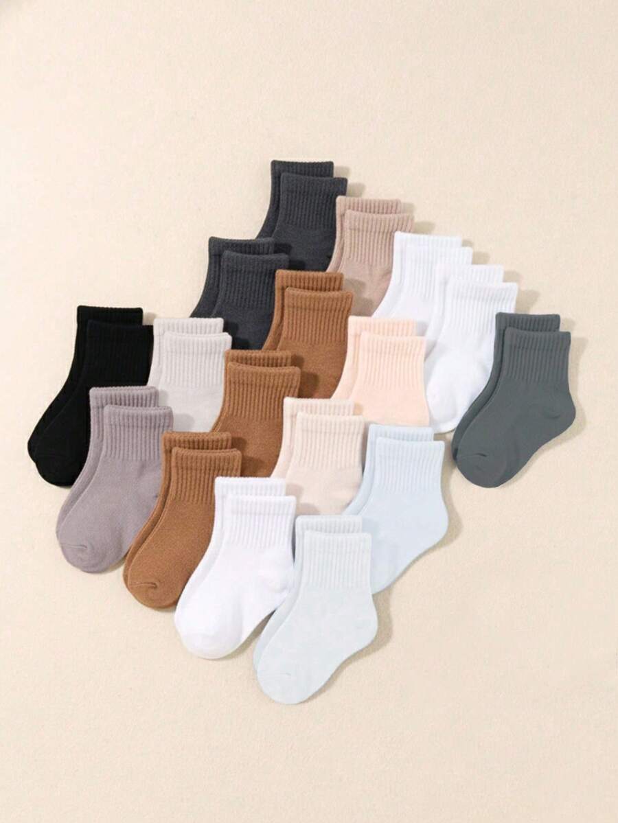 10 Pairs Baby Solid Color Khaki And Gray Mid-Calf Elastic Socks, Soft And Comfortable, Suitable For All Seasons - Multicolor - View 1