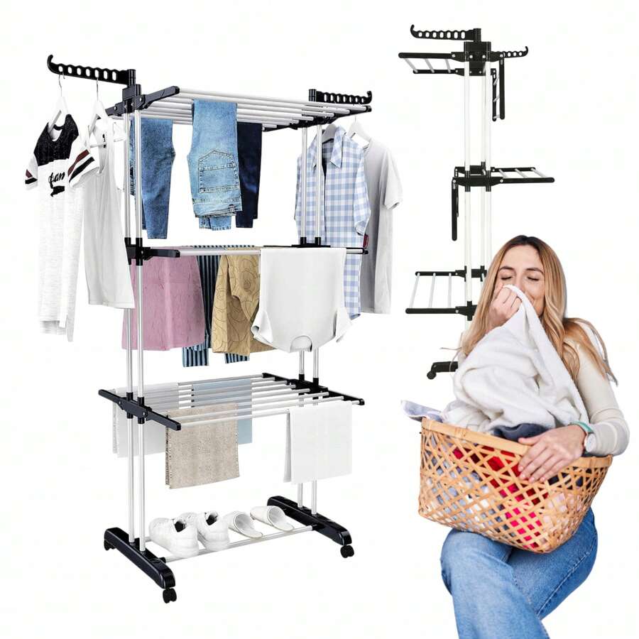 LAUNDRY DRYER LARGE XXL CLOTHES AND UNDERWEAR STANDING FOLDABLE BLACK And Blue Balcony, Laundry, Free-Standing Vertical 'Clothes Drying Rack, Foldable Stainless Steel Clothes Drying Rack, Mobile Clothes Drying Rack, With 4 Casters, Clothes Drying Rods, Clothes, Drying Rack' 4-Level, On Wheels, Width Adjustment, Foldable Wings, Clothes Drying Rack, Hanger Rack. - A - View 1