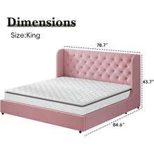 Full Bed Frame With Velvet Button-Tufted Headboard , Upholstered Bed Frames, Soft Fabric, Button Tufted Headboard With Windback, Curved Wingback Design,  Queen Bed Frame/ King Bed Frame/ Full Size Bed Frame, Pink/ White/ Grey - 粉色 - 查看 10