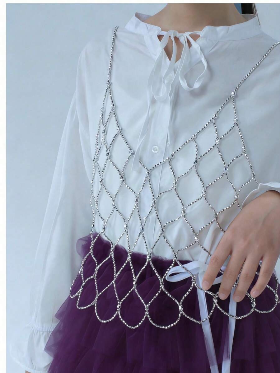 DEKUNER 1 pieza Diseño minimalista Estilo plateado lindo y femenino Parte superior de halter con perla Chaleco con cuentas dulce para niña Cadena decorativa versátil de perlas para el Body de la mujer - Plateado - Ver 1