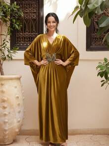 2026春夏优雅婚礼派对女士天鹅绒长袍，V领亮片刺绣宽松长款摩洛哥长袍，度假沙滩泳装罩衫 - 金色 - 查看 1