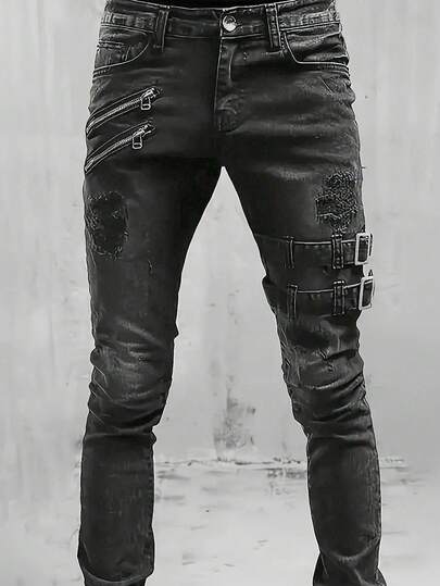 1pc Men's Slim Fit Casual Street Style Black Denim Jeans, Emo Style