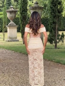 Sedessea Women's Solid Color Lace Patchwork Tie-Up Sexy Elegant Vacation Dress Summer - Apricot - View 2