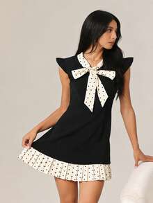 Women's Dot Patchwork Mini Dress Summer Fashionable Flying Sleeve V Neck Pleated Hem Dress - Black - View 3