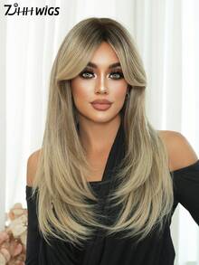 7JHH WIGS 优雅长款棕色分层假发，带刘海，适合女性日常佩戴，采用天然耐热合成纤维制成，中分蓬松波浪假发，适合派对、音乐节等场合，母亲节礼物之选，24英寸 - 亞麻棕 - 查看 2