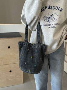 Vintage Denim Floral Embroidery Versatile Shoulder Bag, Student Lunch Bag, Bucket Bag For Women - Black - View 9