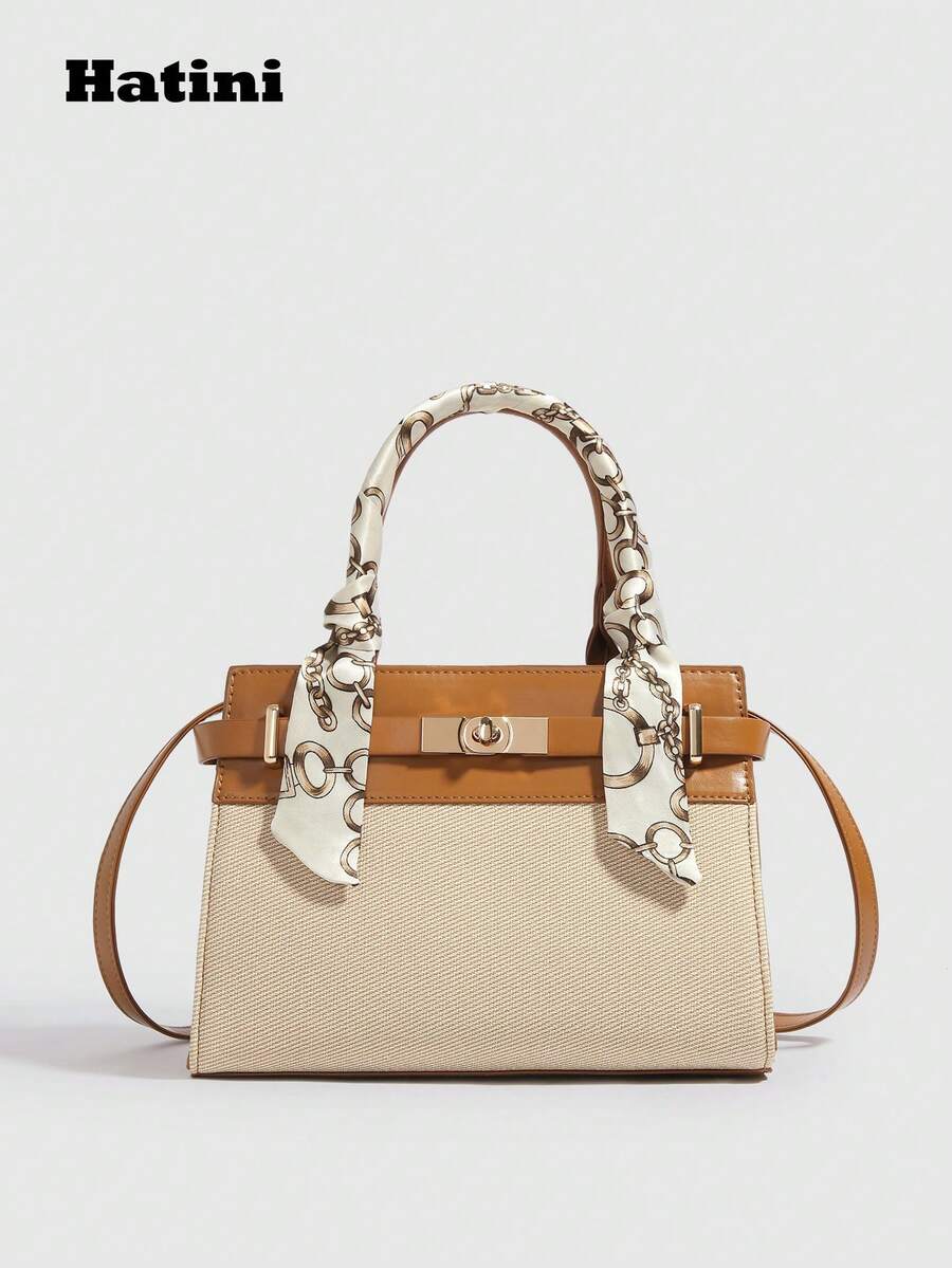 Fashionable Patchwork Kelly Handbag, Twist Lock Strap Small Square Bag, Commuter Shoulder Bag, Versatile Crossbody Bag, Vibrant Color Block Design, Suitable For Commuting, Dating, Shopping, Leisure, Vacation, Music Festival, Party - màu nâu - Xem 1