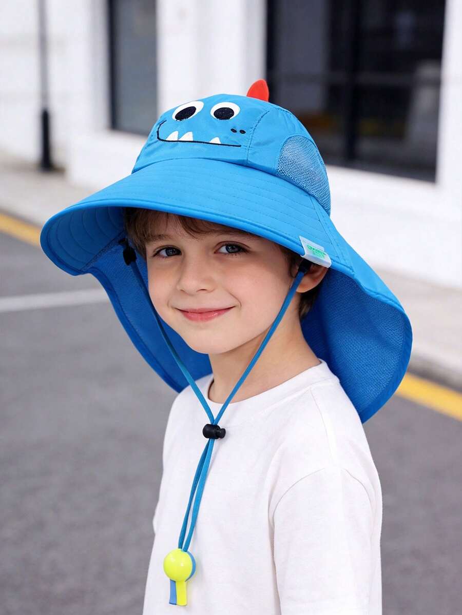 1pc Kids Dinosaur Pattern Sun Hat, Wide Brim Breathable Mesh Bucket Hat With Neck Shade, Summer Outdoor Boys Cap - 1PC - View 1