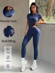 Aoqta Sports 女士夏季纯色休闲两件套，圆领短袖修身T恤搭配高腰显瘦紧身裤，简约基础款套装，适合瑜伽、跑步、健身、日常穿着。 - 藏蓝色 - 查看 3