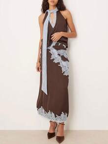Magic Mia Women's Chocolate Brown & Blue Maxi Dress - Halter Neck & Contrast Lace Trim & V-Neck | Romantic Retro Fit For Bridal Showers, Date Nights, Vacation Evenings For Effortlessly Feminine Stylish Looks - màu nâu - Xem 4