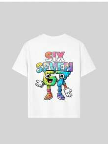 男童“SIX SEVEN-Italian Swag”彩色数字67卡通印花T恤，适合日常穿着、街头风、校园风，休闲百搭的夏季男童上衣 - 白色 - 查看 8
