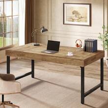 LITTLE TREE 55" Industrial Executive Desk, Rustic Computer Desk With Strong Metal Legs, Home Office Writing Study Table Workstation - Mocha Brown - View 4