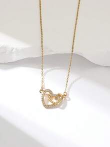 1pc Heart-Shaped Double-Ring Pendant Necklace, Minimalist Elegant Sparkling Cubic Zirconia, Versatile Daily Wear, Ideal Gift - Multicolor - View 6