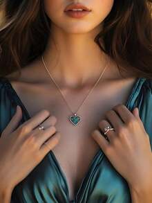 1件流行女士时尚简约可爱休闲绿色宝石心形吊坠项链，婚礼订婚派对珠宝礼物 - 金色 - 查看 6