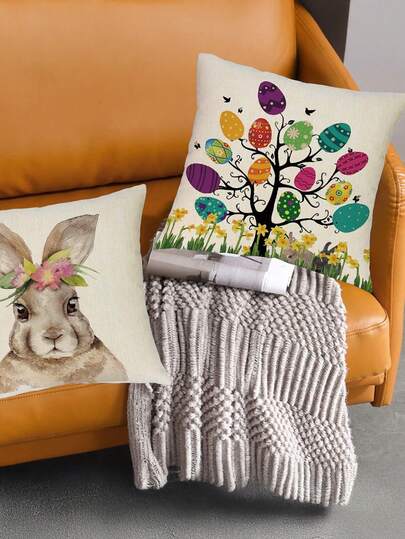 Easter Pillow Covers Set Of 4,17.7x17.7 Inch Farmhouse Welcome Easter Egg Rabbit Decorative Pillow Cases Holiday Throw Cushion Cover For Home Sofa Office Car Decor