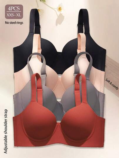 4 件套，黑色、肤色、灰色、红色无缝无钢圈提拉聚拢文胸，舒适透气加厚宽肩带文胸，适合女士