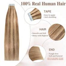 [Brown And Light Blonde Highlight 4P27# Human Hair Extensions,16-26 INCHS,20pcs/Pack/50g] Thick Tape In Hair Extensions Straight Remy Human Hair Invisible Tape Human Hair Extensions Suitable For Women Daily Use, Like Wedding, Make Up, Date, Christmas Gifts, Party Wigs, Daily Use, Schools, Birthday Banquets, Halloween And Other Occasions, And Theme Parties And So On - SP4/27 - Xem 2