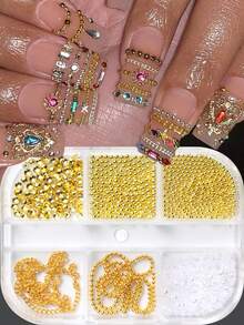 Punk Style Nail Chain Pendant, Metal Chain And Beads, Pearl And Golden Bead Nail Decor, Handmade Chain Decoration, Suitable For 3D Nails Y2K Style - Multicolor - View 3