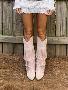 Women's Vintage Style Fringe Cowgirl Boots Pointed Toe Pull On Block Chunky Heel Country Concert Outfits Knee High Western Cowboy Boots - 杏色 - 查看 7