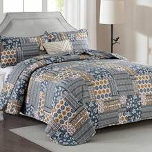 3 Pieces Boho Dark Grey Quilt Set Queen King Size  Plaid Turquoise Floral Bedspread Set Microfiber Lightweight Bohemian Bedding Bedspread Coverlet Set For Wedding Items, Valentines Day Home Bed Room Decor, Easter Gifts, Mothers Day Gift, All Season - 深灰色 - 查看 2