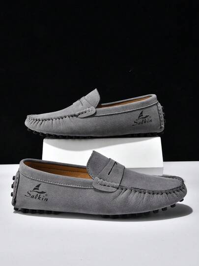 Salkin New Fashion Designer Men's Slip-On Penny Loafers, Solid Color Soft Faux Suede Casual Shoes, Rivet Design Rubber Sole, Versatile For Driving, Business, Party, Wedding, Spring/Summer/Fall, Plus Size, Gray Available