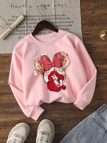 1pc Disney Ariel & Minnie Tween Girl Cute Sweatshirt With Cartoon Graffiti-Style Print - Soft, Skin-Friendly For Disney-Themed Gatherings & Casual Outings - 粉色 - 查看 1