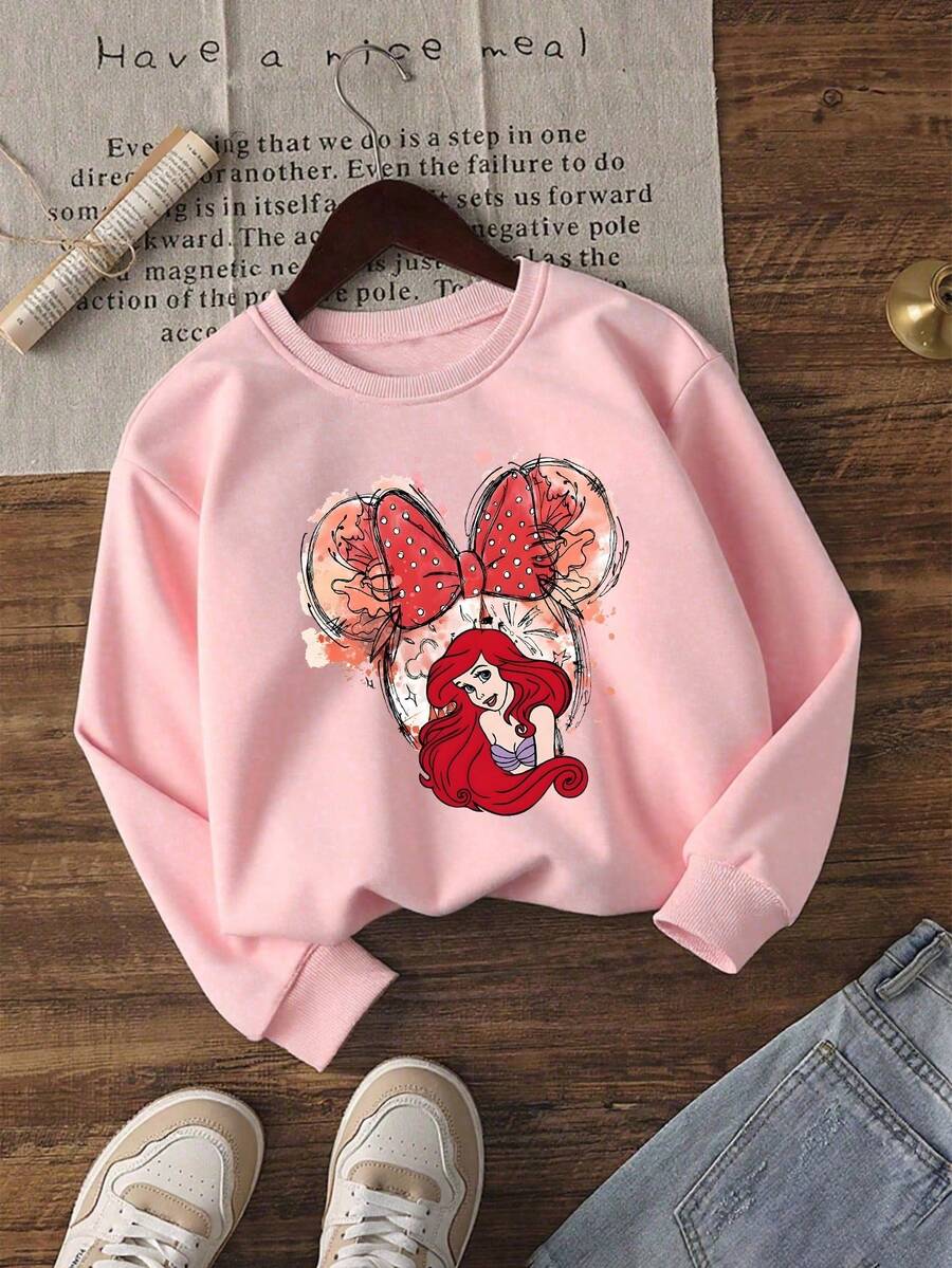 1pc Disney Ariel & Minnie Tween Girl Cute Sweatshirt With Cartoon Graffiti-Style Print - Soft, Skin-Friendly For Disney-Themed Gatherings & Casual Outings - 粉色 - 查看 1