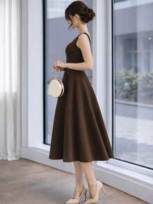 Sophisticated Midi Dress With Perfect Cut | A-Line Silhouette - 巧克力棕 - 查看 2