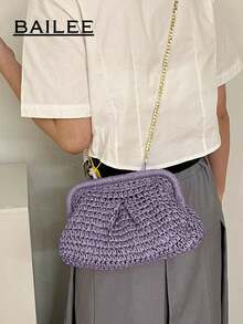 Túi đeo chéo dệt mùa hè dành cho nữ với dây tua rua, túi xách đi biển dệt bằng rơm, ví handmade, 1 chiếc túi cầm tay dệt màu be nhạt, túi đi biển, lý tưởng cho kỳ nghỉ hè, lựa chọn thời trang cho phái nữ. - Màu tím - Xem 7