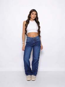 Wide Leg Pants With Side Embroidery, Women's Sizes 10 To 16 - Navy Blue - View 2