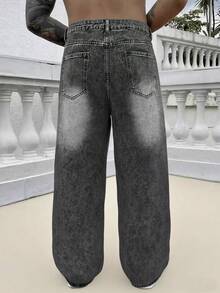 1pc Vintage Washed Loose Fit Wide Leg Men's Jeans, Non-Stretch, Suitable For Casual And Work Wear - Dark Grey - View 2