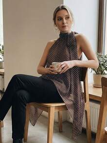 Womens Halter Neck Long Tops Summer Fashionable Dot Print Backless Going Out Vest - 巧克力色 - 查看 4