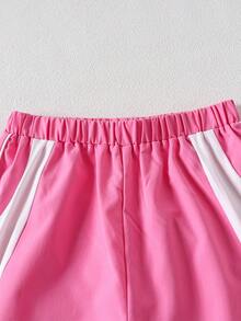 Printed Letter Waist Cropped Shorts + Solid Color Straight Leg Pants Set, For Teens, Spring/Summer - Pink - View 3