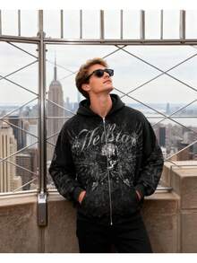 Women's Winged Skull Graphic Rhinestone Zip Hoodie, Distressed Washed Black Long Sleeve Sweatshirt, Heavyweight Oversized Gothic Pullover Jacket, Y2K Retro Streetwear Hooded Coat With Pockets - 黑色 - 查看 7