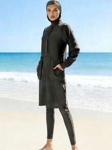 VFJ 女士穆斯林保守泳装，全包式泳衣，伊斯兰头巾泳衣，纯色布基尼泳装 - 灰色 - 查看 3