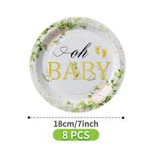 Green & Gold Greenery "Oh Baby" Disposable Plates, Napkins, Cups - One Time Use Party Set, Serves 8 Guests, Suitable For Birthday, Wedding, Theme Party, Family Picnic - Multicolor - View 8