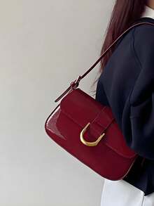 Lacquered Polyurethane Leather Handbag For Women, Burgundy Baguette Bag, Y2K Babe Bag, Shoulder/Underarm Mini Square Bag,Student Retro Inspired Bag - Màu Đỏ Sâu - Xem 6