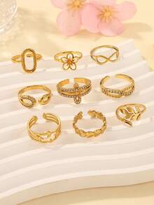 9pcs/Set Stainless Steel Gold-Tone Women's Open Ring Set, Flower, Infinity, Heart, Star & Moon Designs, Rhinestone Inlaid, Fashionable Petite & Delicate, Suitable For Daily Wear - Yellow Gold - View 2