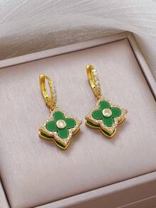 Stainless Steel & Zirconia Rotating Green Four-Leaf Clover Necklace & Earrings Set, Versatile Niche Jewelry - Multicolor - View 3