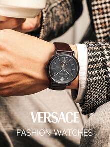 Versace Men's Business Chic Quartz Watch With Leather Strap Vertical Stripe Dial - Brown - View 1