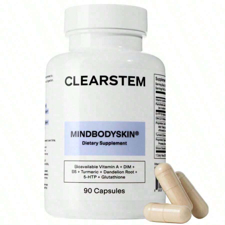 CLEARSTEM - MINDBODYSKIN Hormonal Acne Supplement (5-HTP) - Natural DIM Supplement - Skin Care Vitamins - Hormone Balance, Antioxidants - Gluten Free, Cruelty Free - 30 Servings, 90 Capsules - 1 CÁI - Xem 1