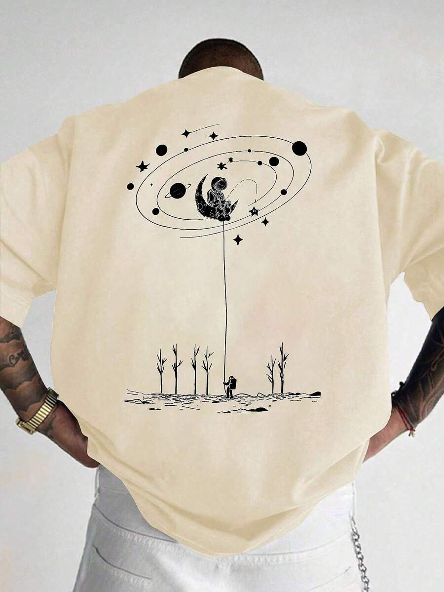 男士时尚印花宽松短袖T恤一件装 | 精致设计 | 夏季必备 | 易于搭配，展现您的风格 - 杏色 - 查看 1