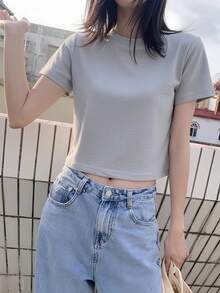 2025新款宽松加州印花短袖T恤，女士夏季休闲轻薄圆领T恤，带肩带，浅灰色 - 淺灰色 - 查看 5