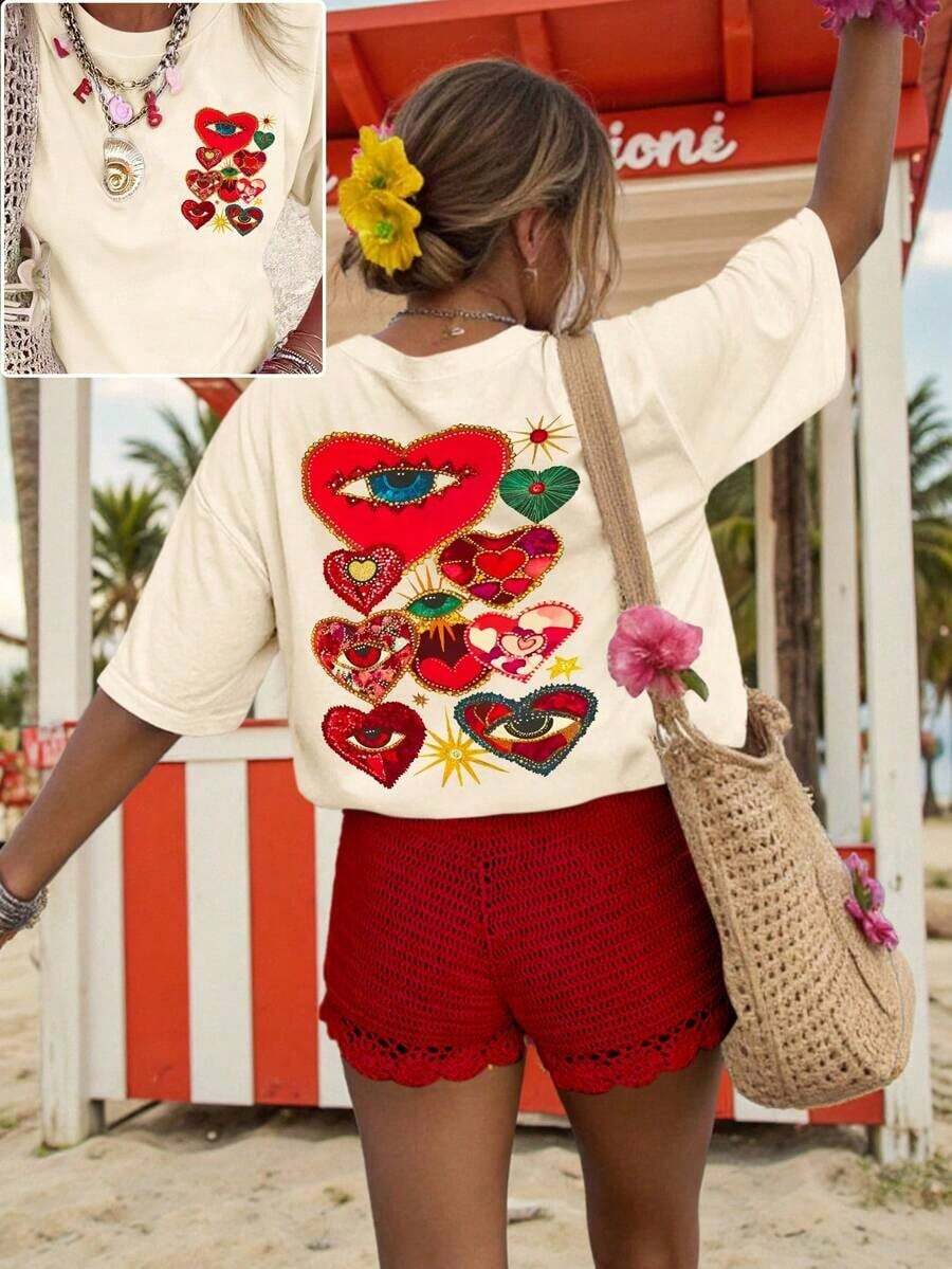 Vacation Clothes, Spring, Resort Clothes For Women, Spring Looks For Women, Red Heart Top, Heart Eyes Top, Women's T-Shirt, Heart Top - 杏色 - 查看 1