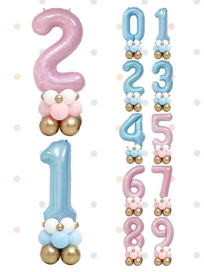 17个40英寸粉色和蓝色0-9数字气球套装，粉色、蓝色、白色、金色金属乳胶气球，适合生日派对、派对装饰