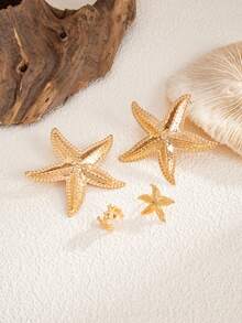 4pcs/Set Chic Ins Metal Flower Ear Clips Set, Beach Vacation Linen Starfish Earrings, Suitable For Women's Daily Wear, Gifts, Photography, Ear Cuff Accessories - Starfish - View 5